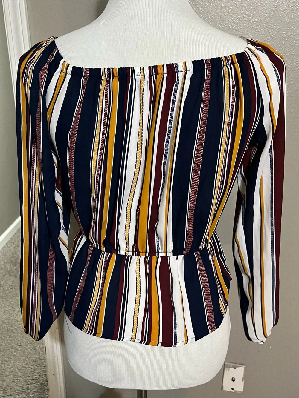 J for Justify Navy, Mustard & Burgundy Striped Peplum Blouse